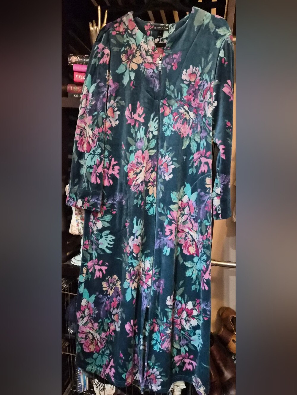 Miss Elaine Velour Floral-Print Long Zip Front Robe House Coat  Size Small